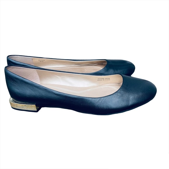 Tahari Ranma Black leather gold metallic block heel Flats 8.5 round toe slip on - Picture 2 of 9